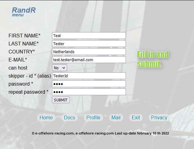 e-offshore-racing.com Ranking and Rating registration form